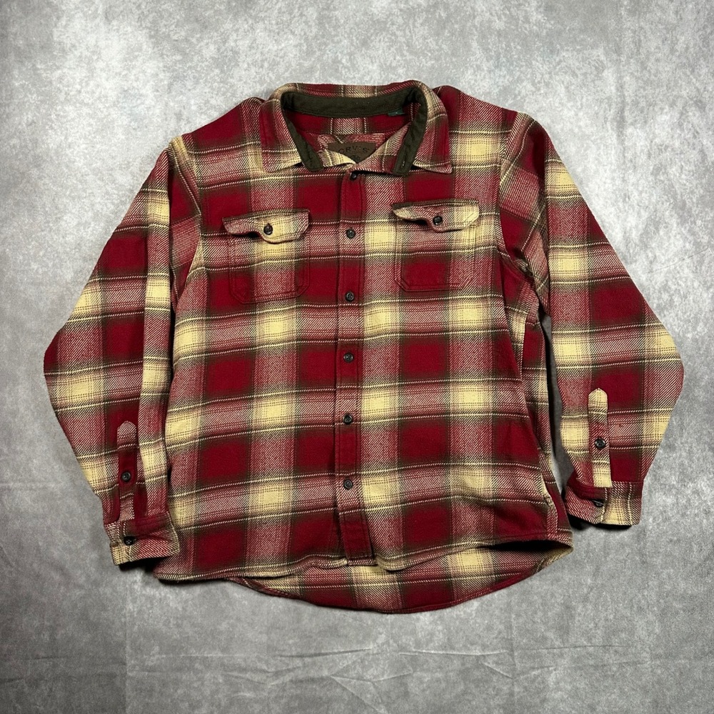 Orvis Mens Red Plaid Chamois Shirt Jacket Fleece Lined Collar Large L